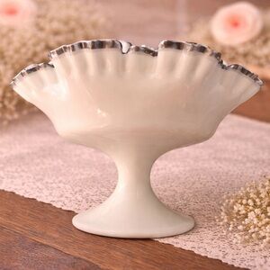 Milk Glass Silver Crest Ruffled Edge Bowl Vintage‎